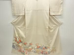 未使用品　仕立て上がり　作家物　手描き友禅垣根に花鳥模様一ツ紋色留袖